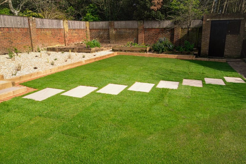 New turf installed around a stepping stone pathway in a garden or back yard.